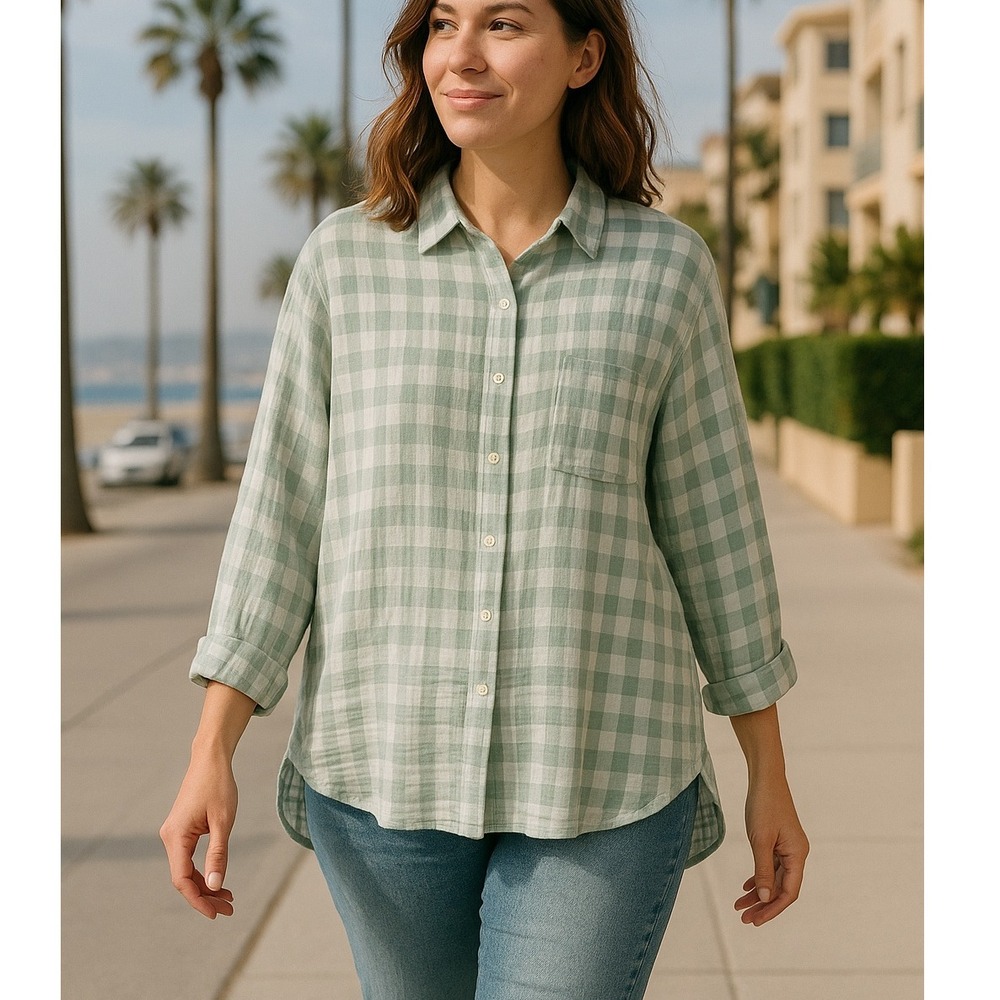 Lou & Grey Button Down Shirt Gauze Plaid Long Sleeve‎ Relaxed Fit Top Size Large